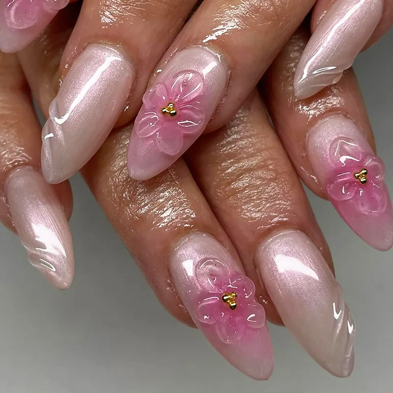 24pcs Pink Daisy Nails – Unisex Nail Care