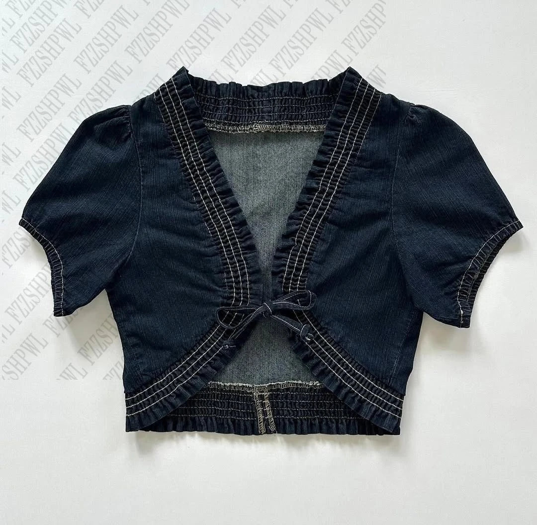 Indigo Bow Detail Crop Top – Women's Tops - Image 2