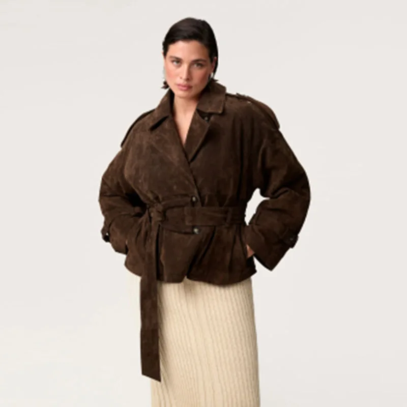 Brown Suede Trench Coat Jacket – Women's Jackets - Image 10