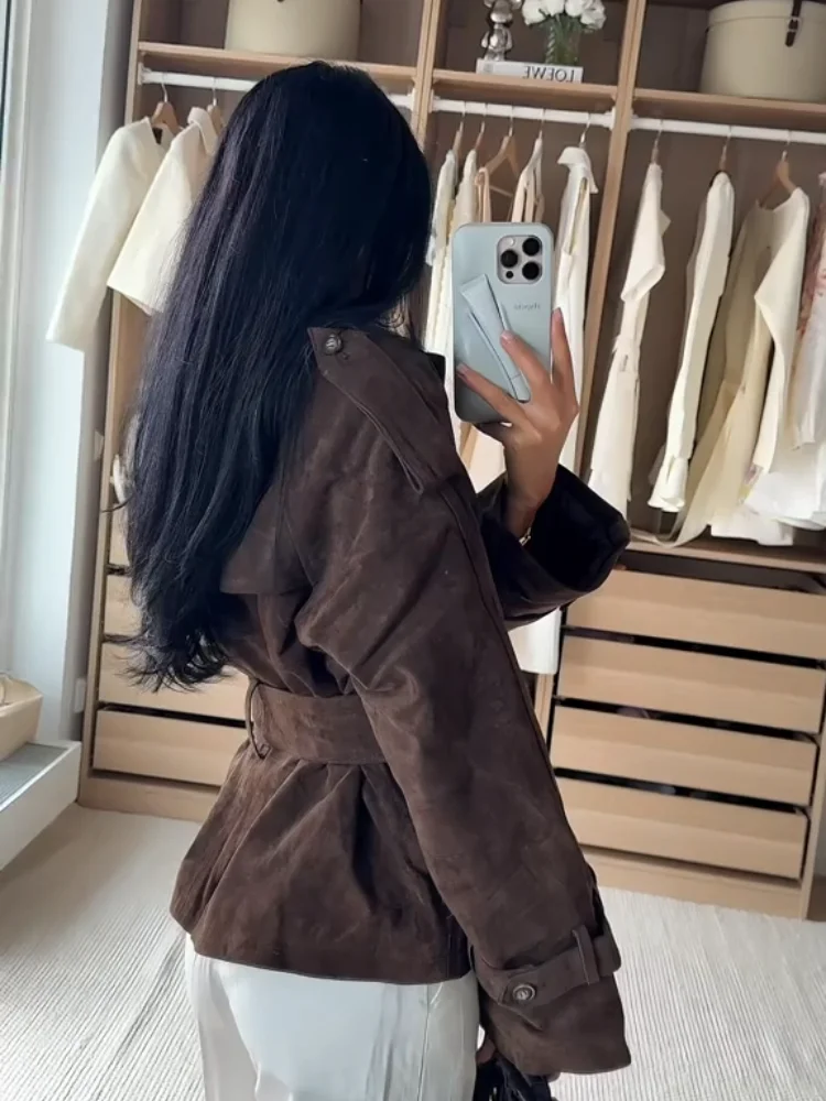 Brown Suede Trench Coat Jacket – Women's Jackets - Image 4